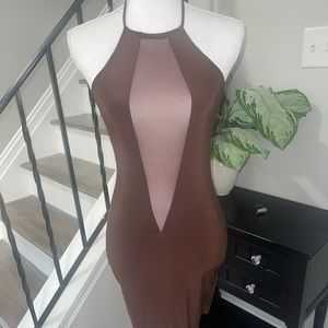 BROWN MESH PLUNGE BODYCON MINI DRESS SIZE M NEW WITH TAGS